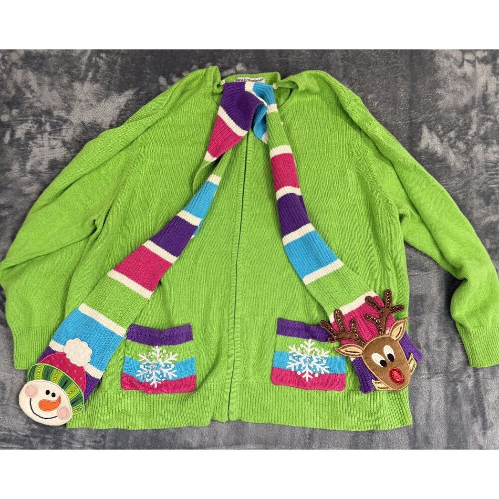 Vintage Women's Full Zip Green Sweater W/ Festive Scarf 3X Tiara International